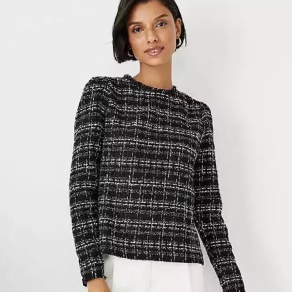 NWT Ann Taylor Tweed blouse top in black white plaid pretty puff sleeve size L